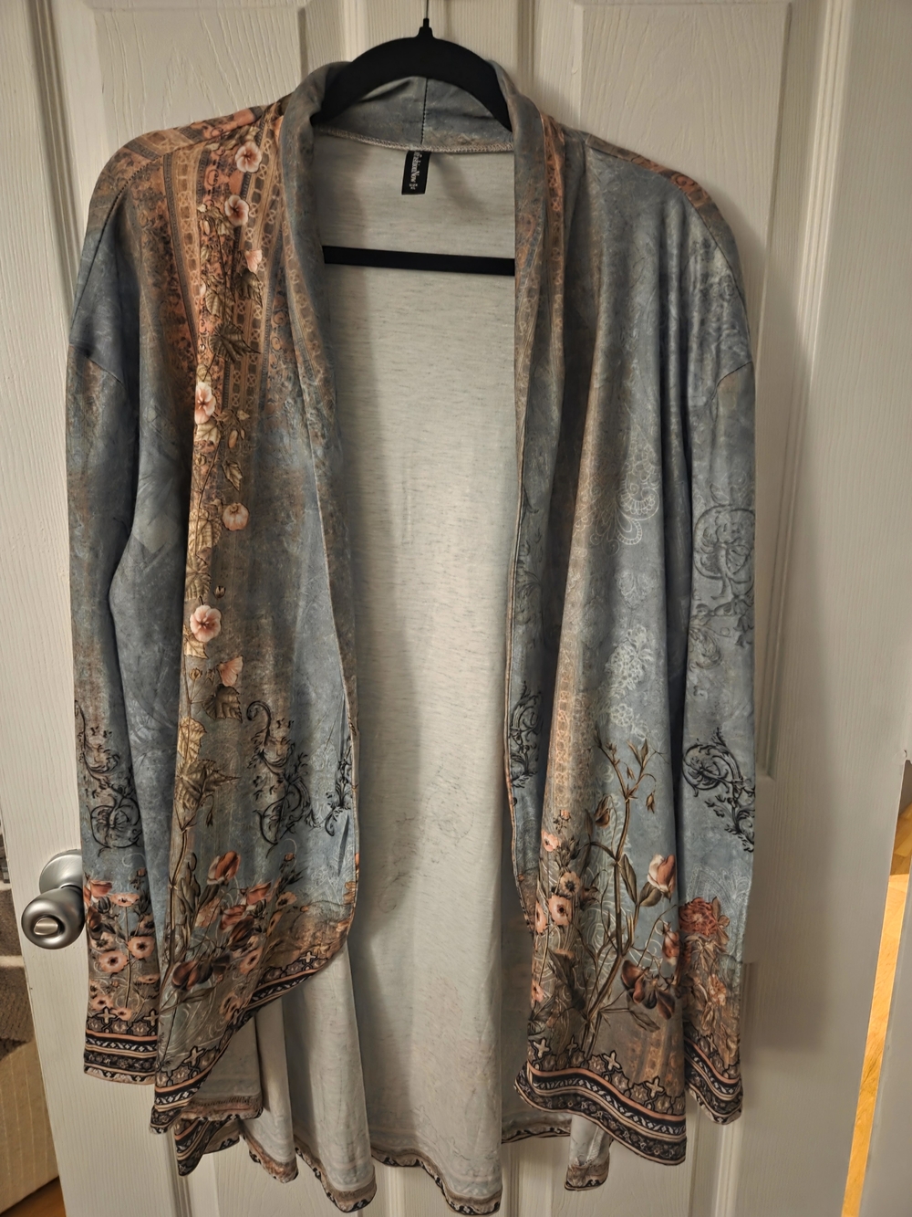 Light Blue Floral Open Front Women's Sweater Cardigan